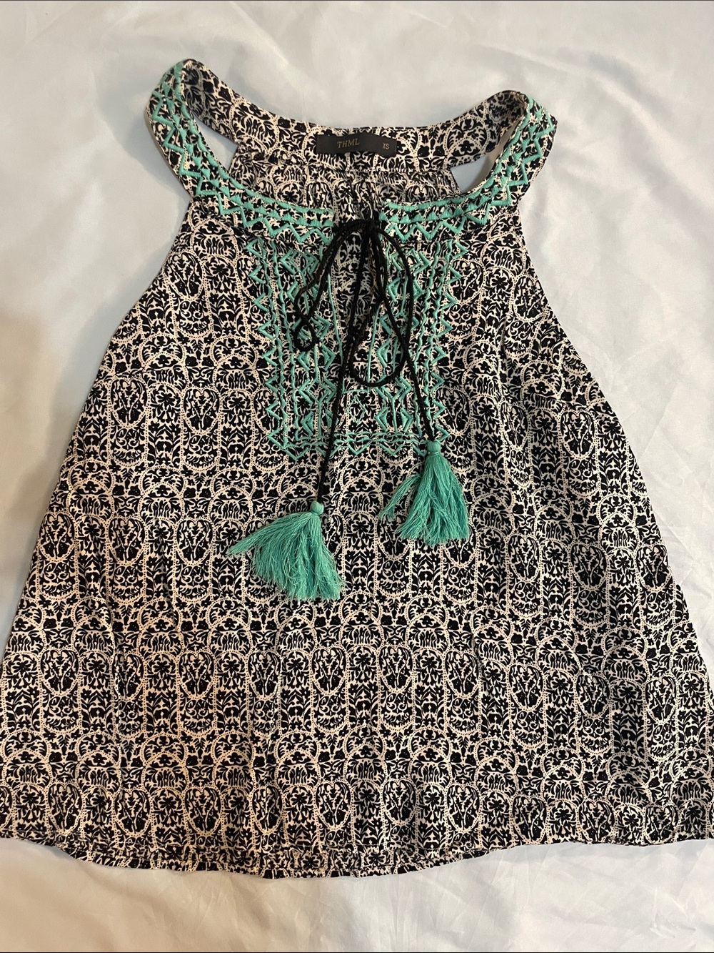 THML Black & White Printed Halter Camisole with Mint Trim